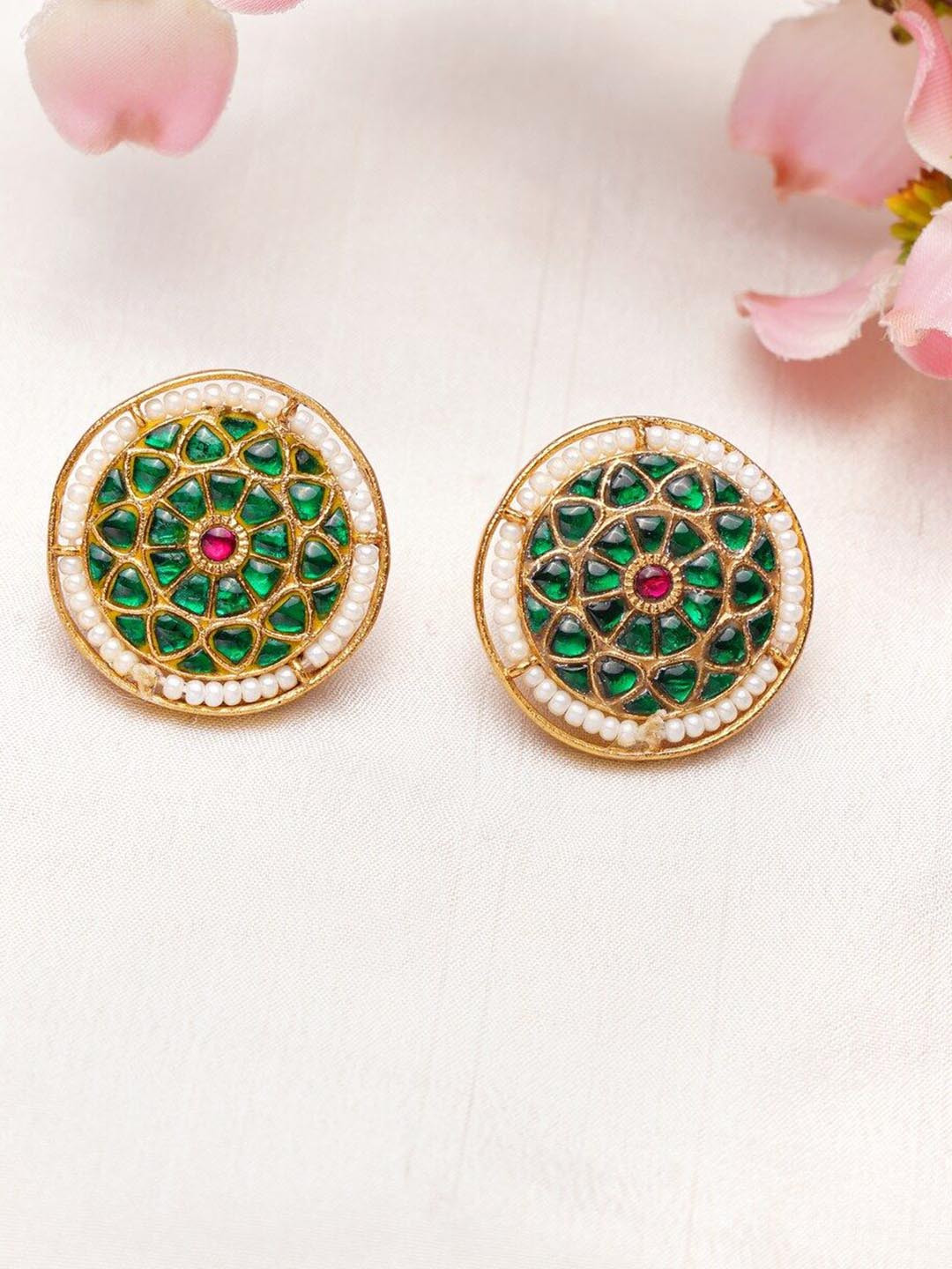 

JAYPORE Stone Studded & Beaded Contemporary Studs Earrings, Gold