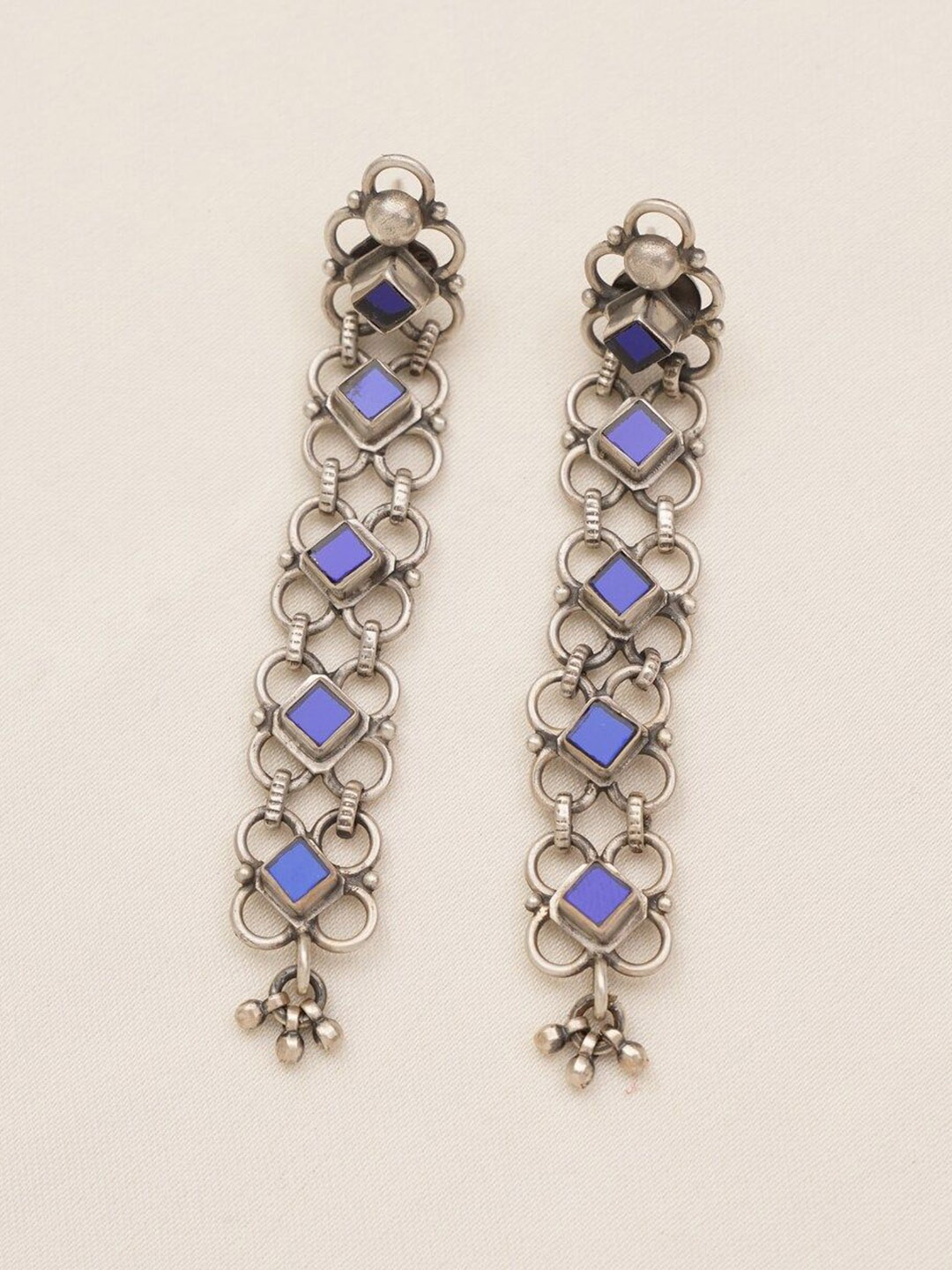 

JAYPORE Silver Plated Stone Studded Contemporary Drop Earrings