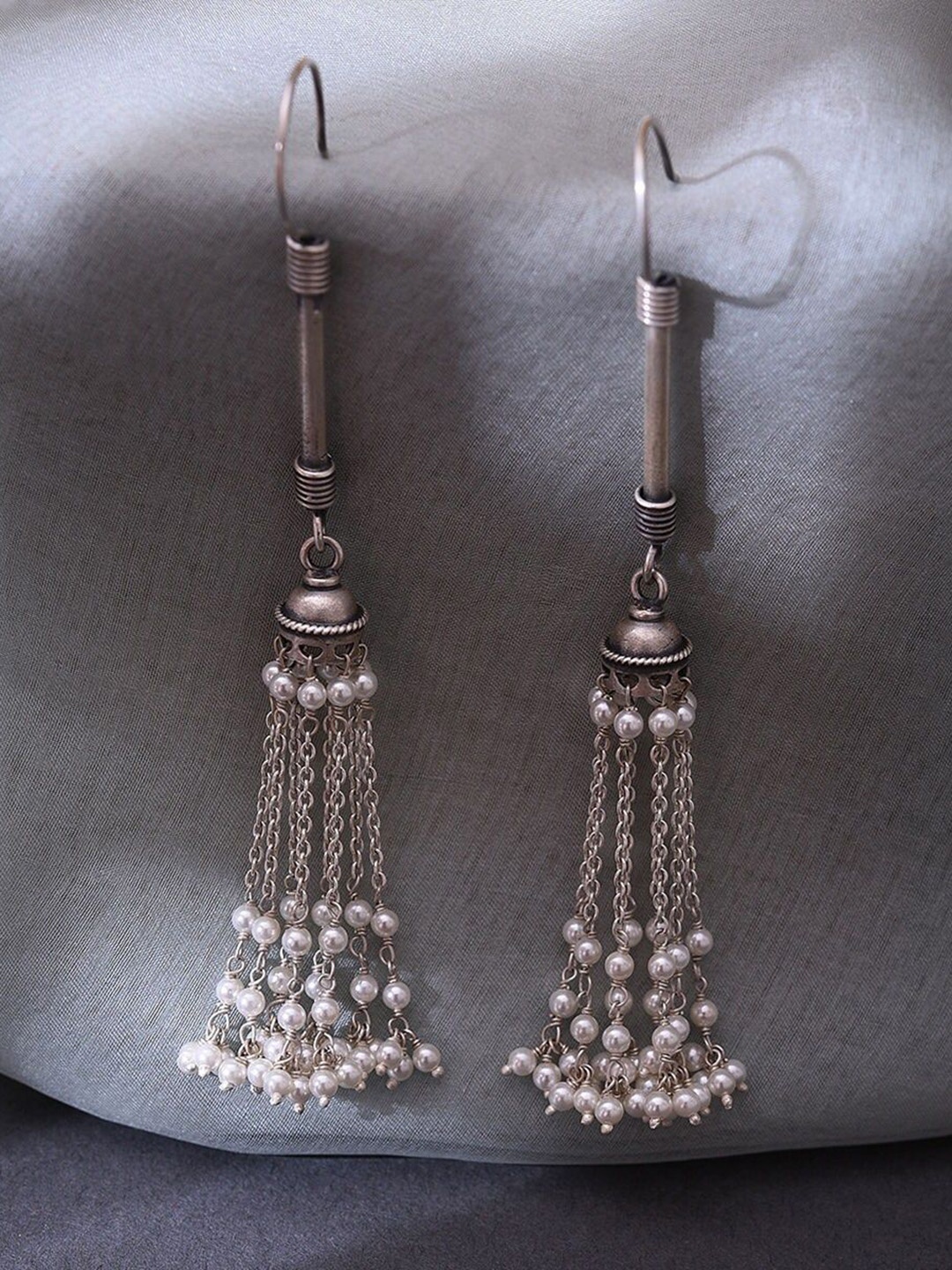 

JAYPORE Contemporary Tasselled Pearls Beaded Earrings, Silver
