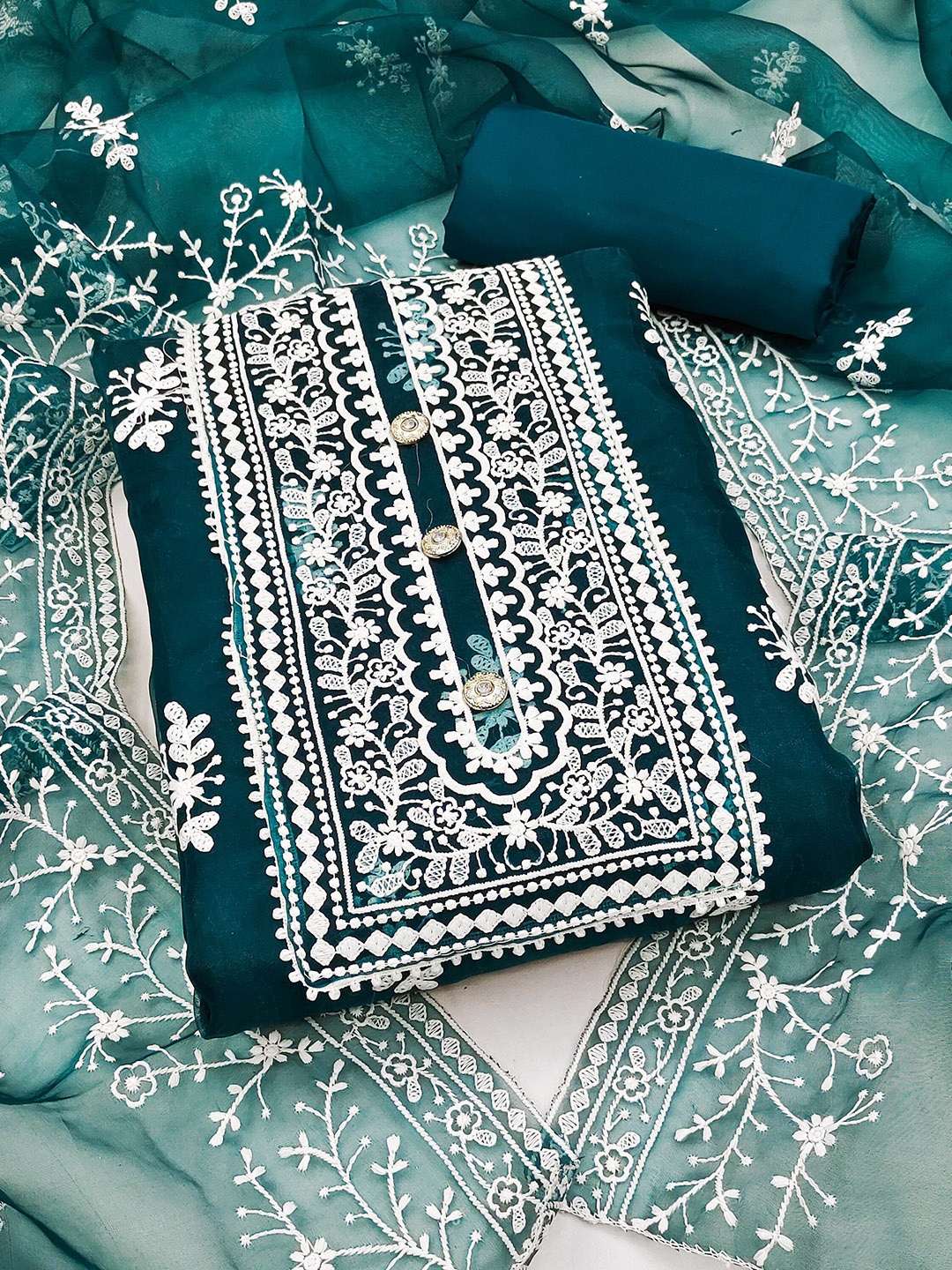 

Maroosh Floral Embroidered Organza Unstitched Dress Material, Teal