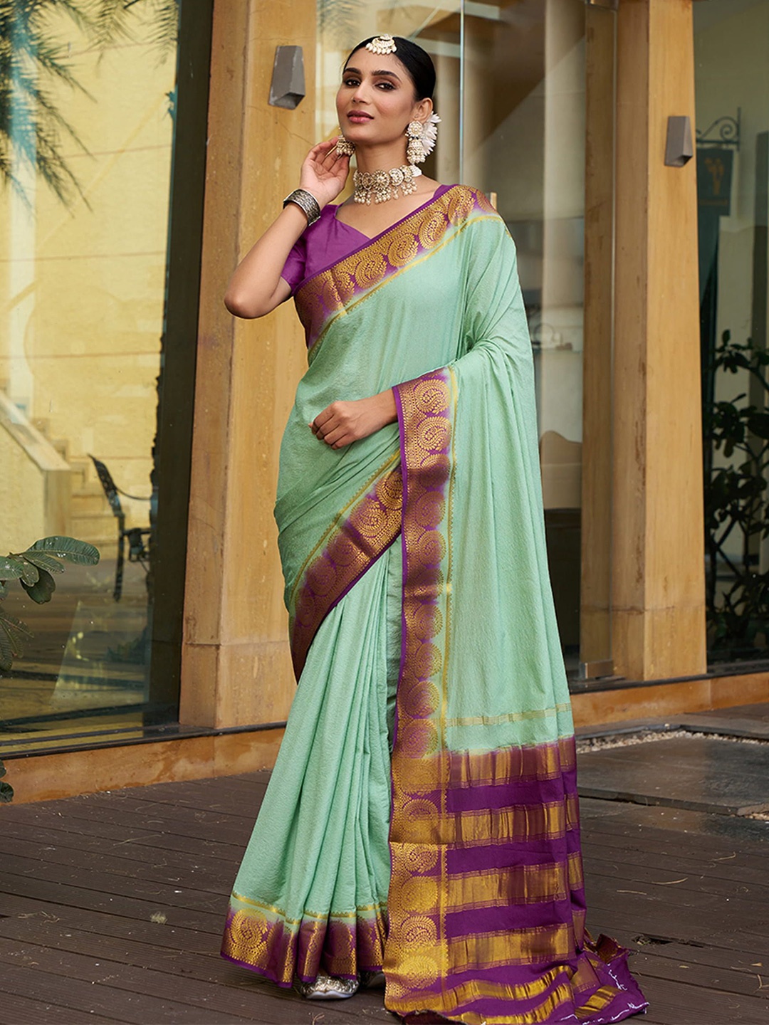 

KAYOMMI Zari Pure Crepe Banarasi Saree, Green