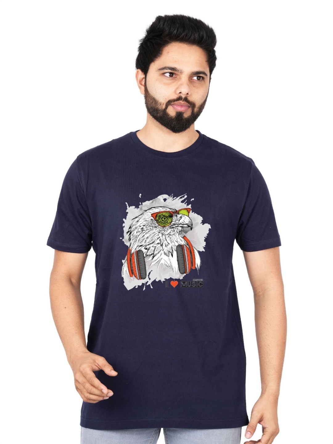 

LA MILANO Men Graphic Printed Round Neck Pure Cotton Slim Fit T-shirt, Navy blue