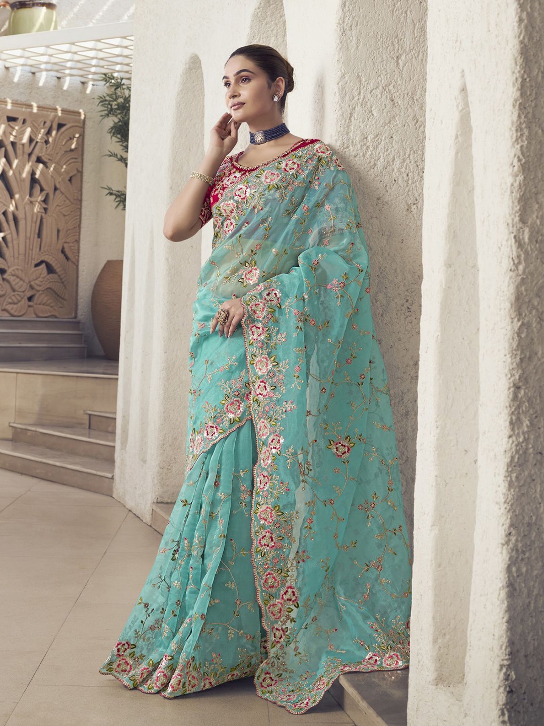 

ODETTE Embroidered Poly Georgette Saree, Sea green