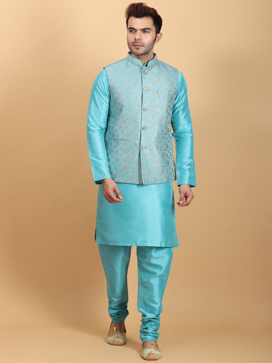 

Ethluxis Men Ethnic Motifs Regular Dupion Silk Kurta with Churidar, Turquoise blue