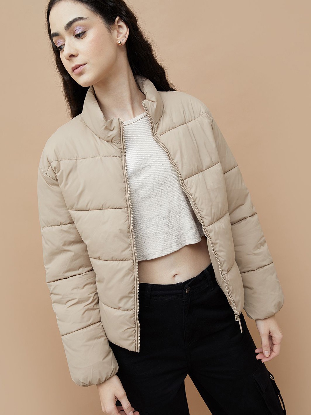 

Ginger by Lifestyle Women Mock Collar Solid Casual Puffer Jacket, Beige