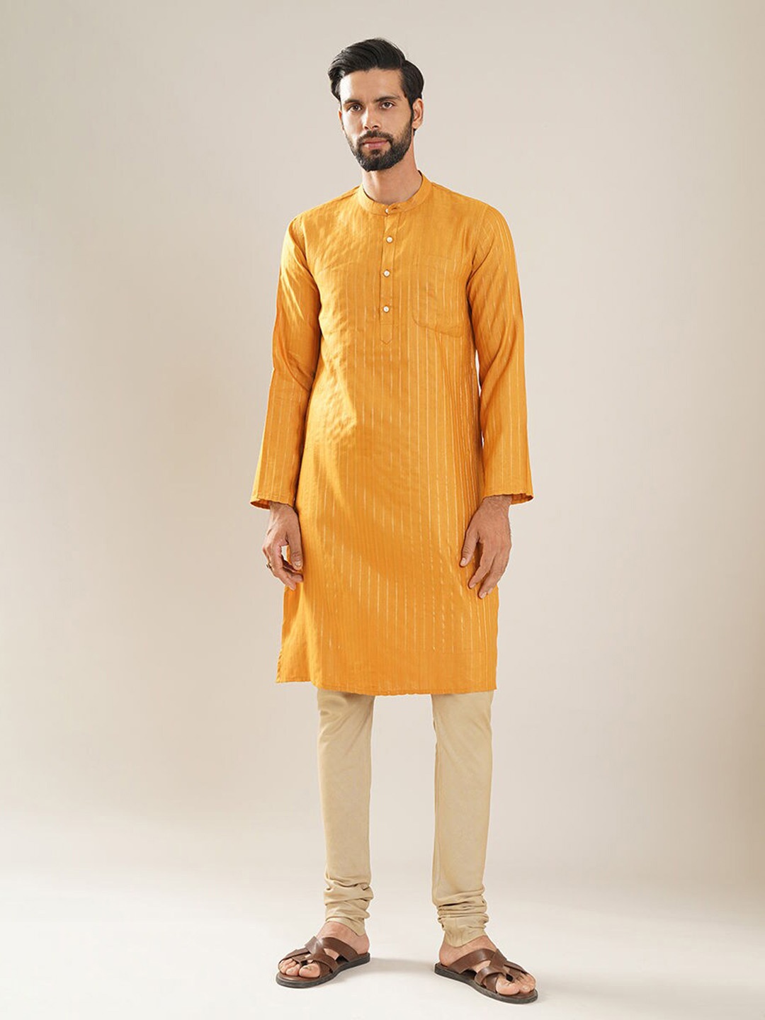 

JAYPORE Striped Band Collar Straight Kurta, Mustard