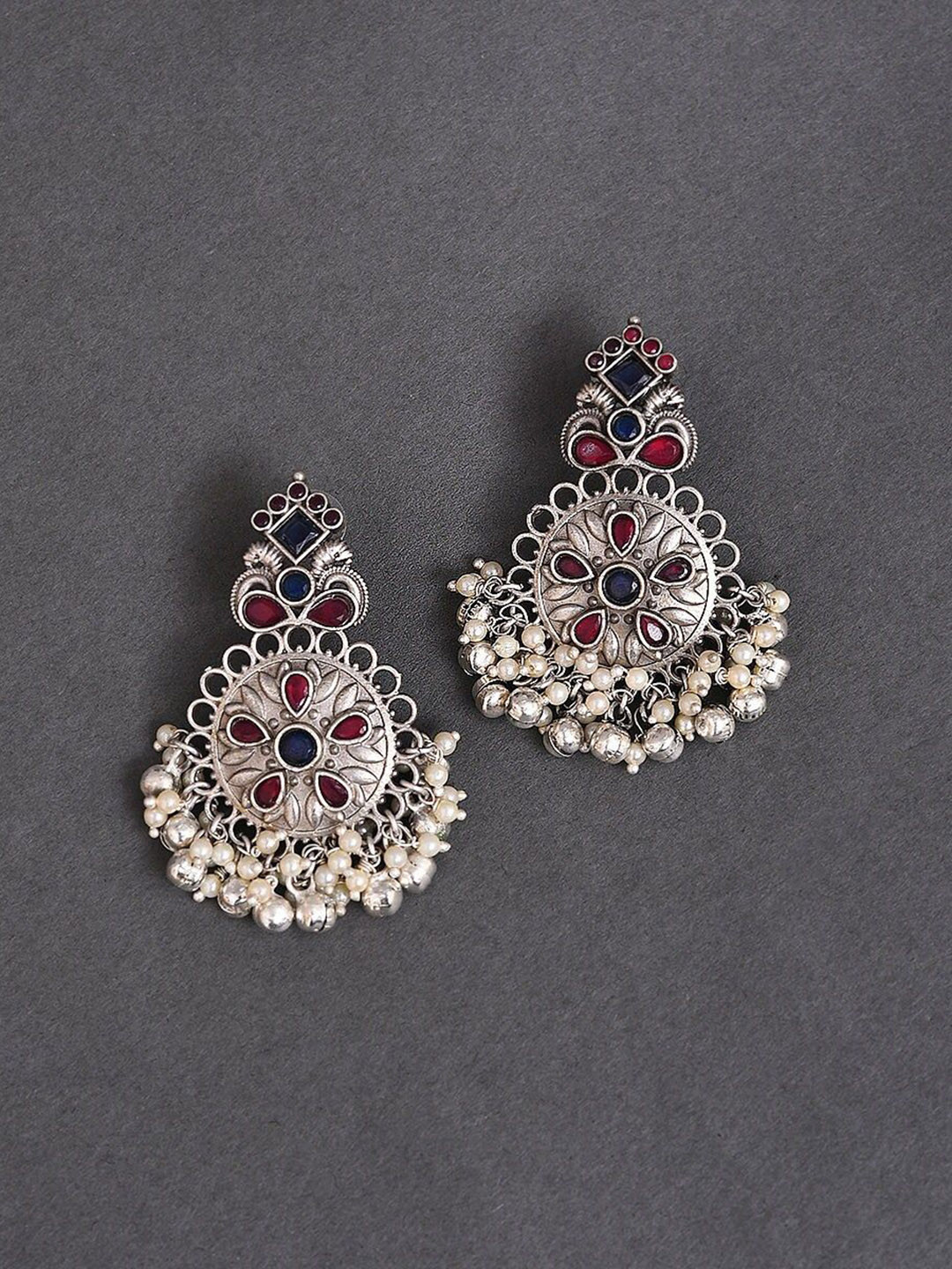 

JAYPORE Contemporary Oxidised Stone Studded & Beaded Drop Earrings, Silver