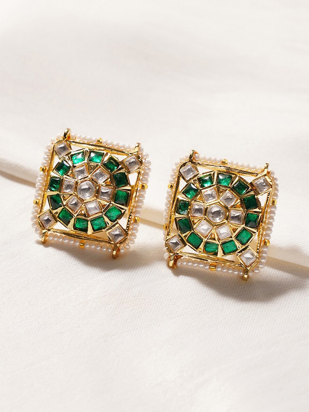 

JAYPORE Square Shaped Stone Studded Studs, Gold