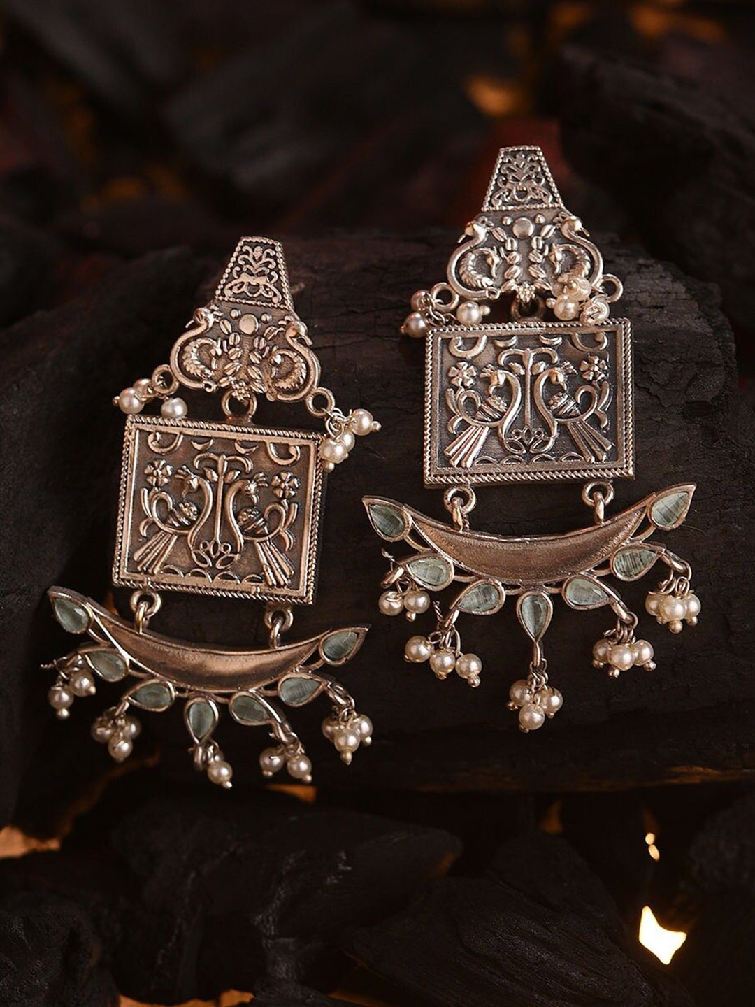 

JAYPORE Stone Studded Oxidised Contemporary Drop Earrings, Silver