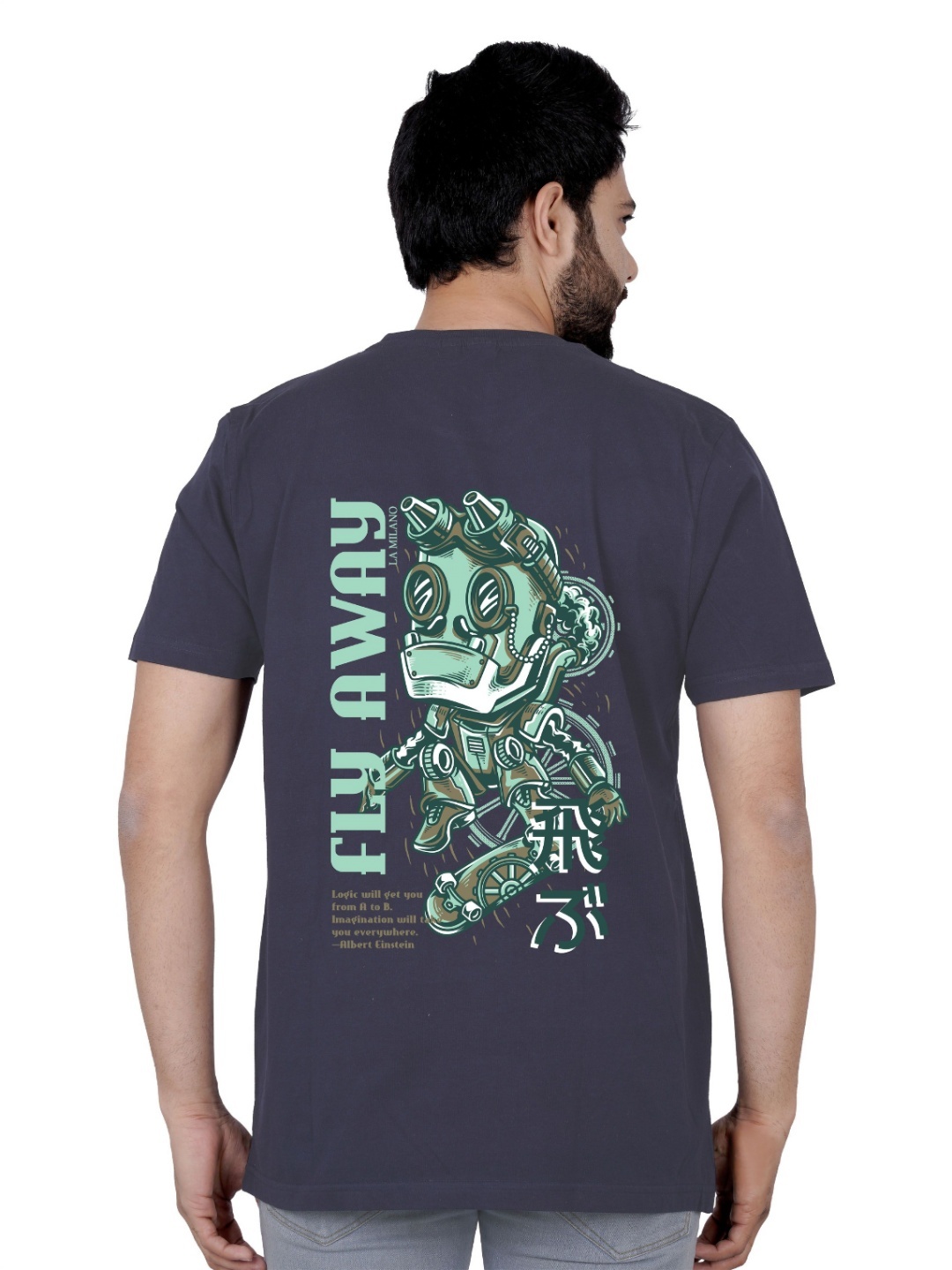 

LA MILANO Men Graphic Printed Round Neck Pure Cotton Slim Fit T-shirt, Navy blue