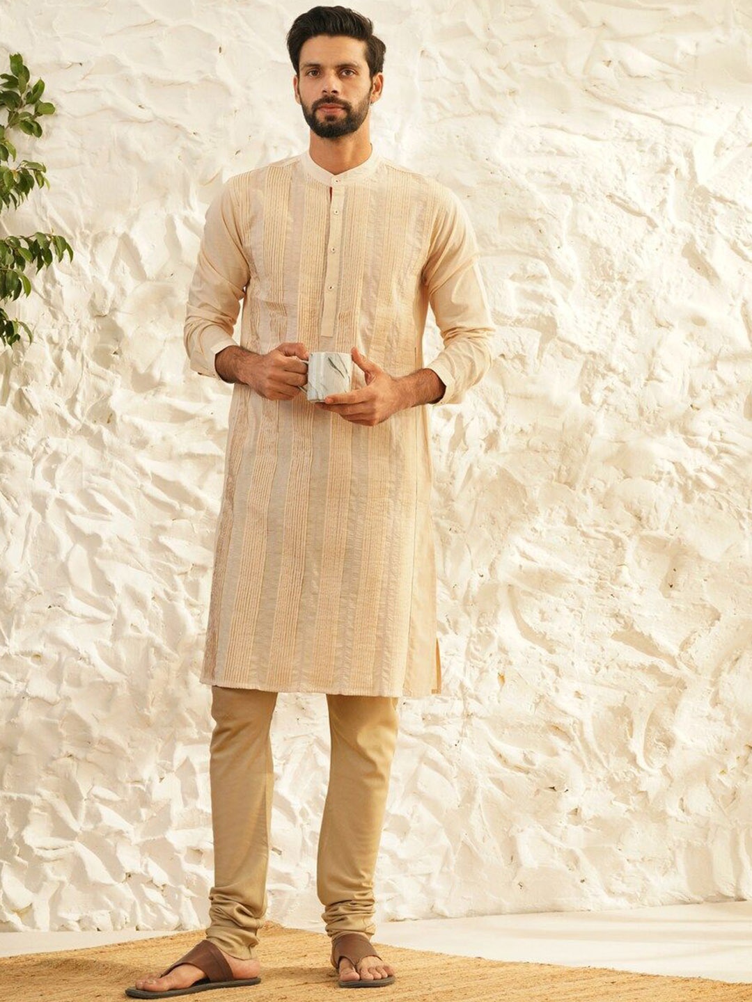 

JAYPORE Striped Band Collar Pure Cotton Straight Kurta, Off white