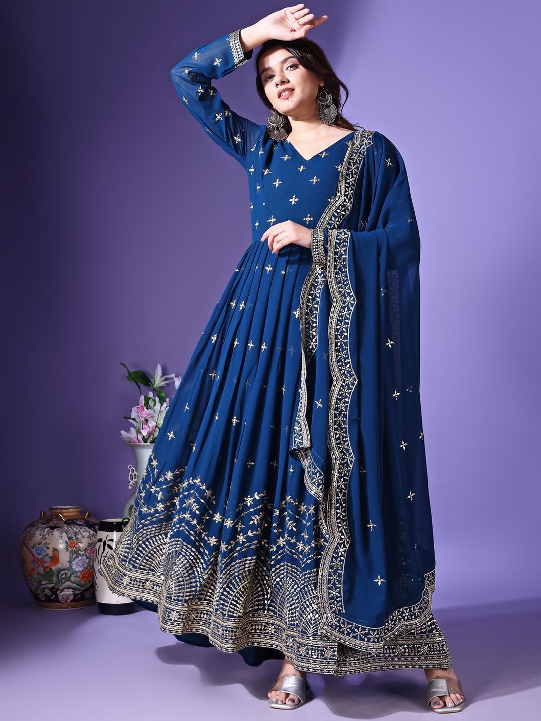 

KALINI Women Paisley Embroidered Flared Sleeves Thread Work Georgette Anarkali Kurta, Turquoise blue