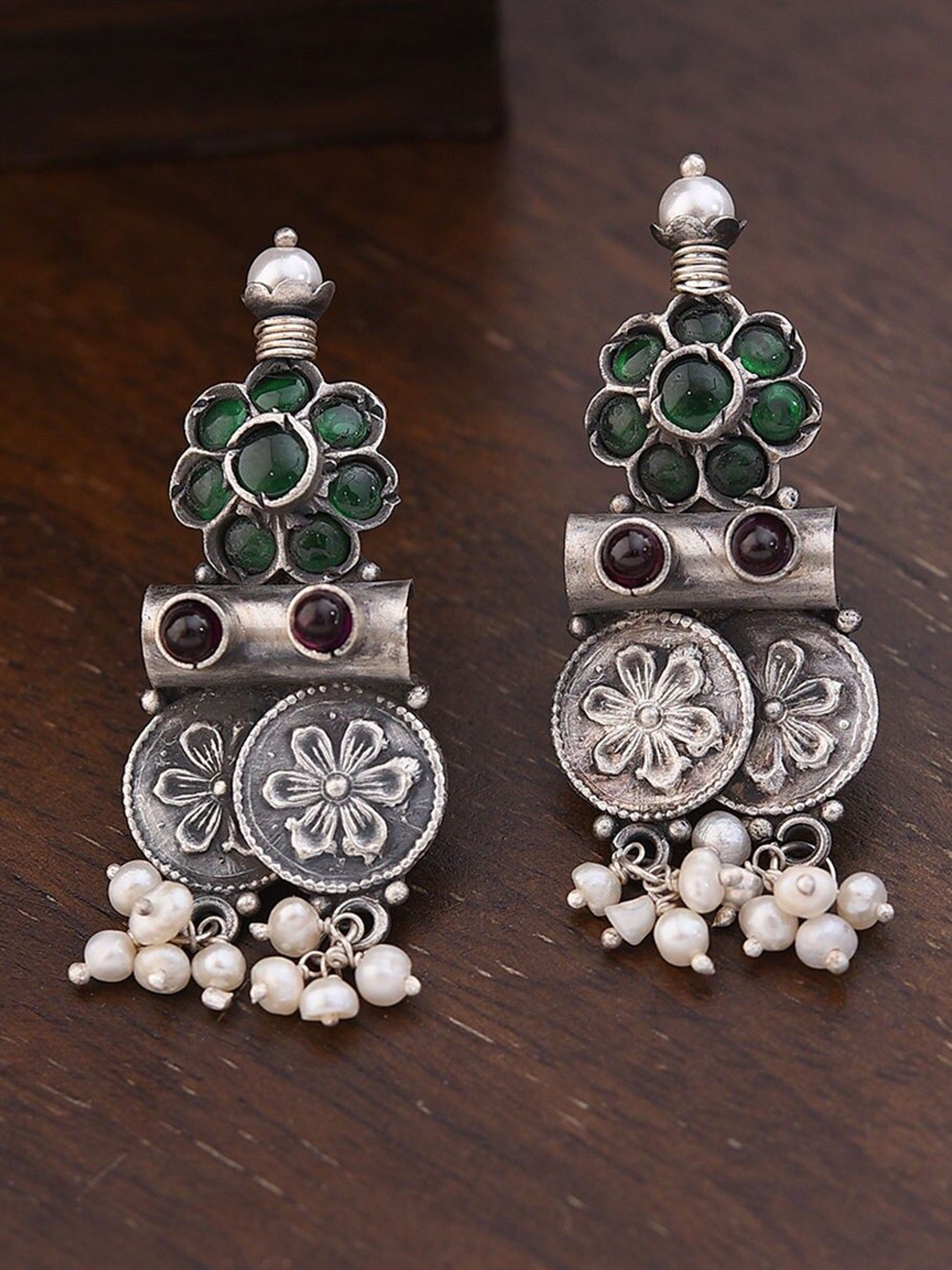 

JAYPORE Oxidised Kundan Stone Studded & Beaded Drop Earrings, Gold