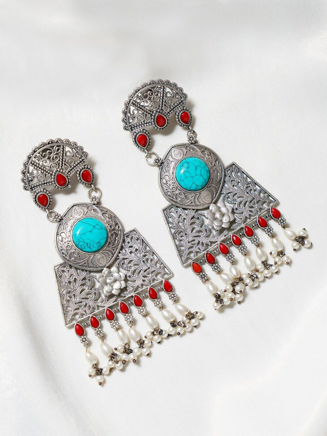 

JAYPORE Stone Studded Contemporary Drop Earrings, Silver