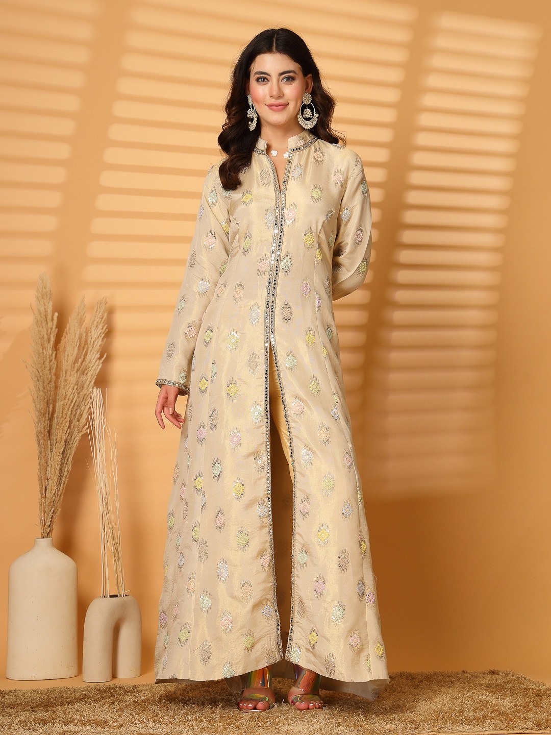 

Clora Creation Self Design High Slit Sequinned Pure Silk Straight Kurta with Trousers, Beige