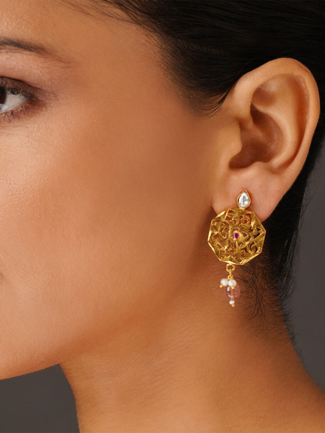 

JAYPORE Stone Studded & Beaded Contemporary Drop Earrings, Gold