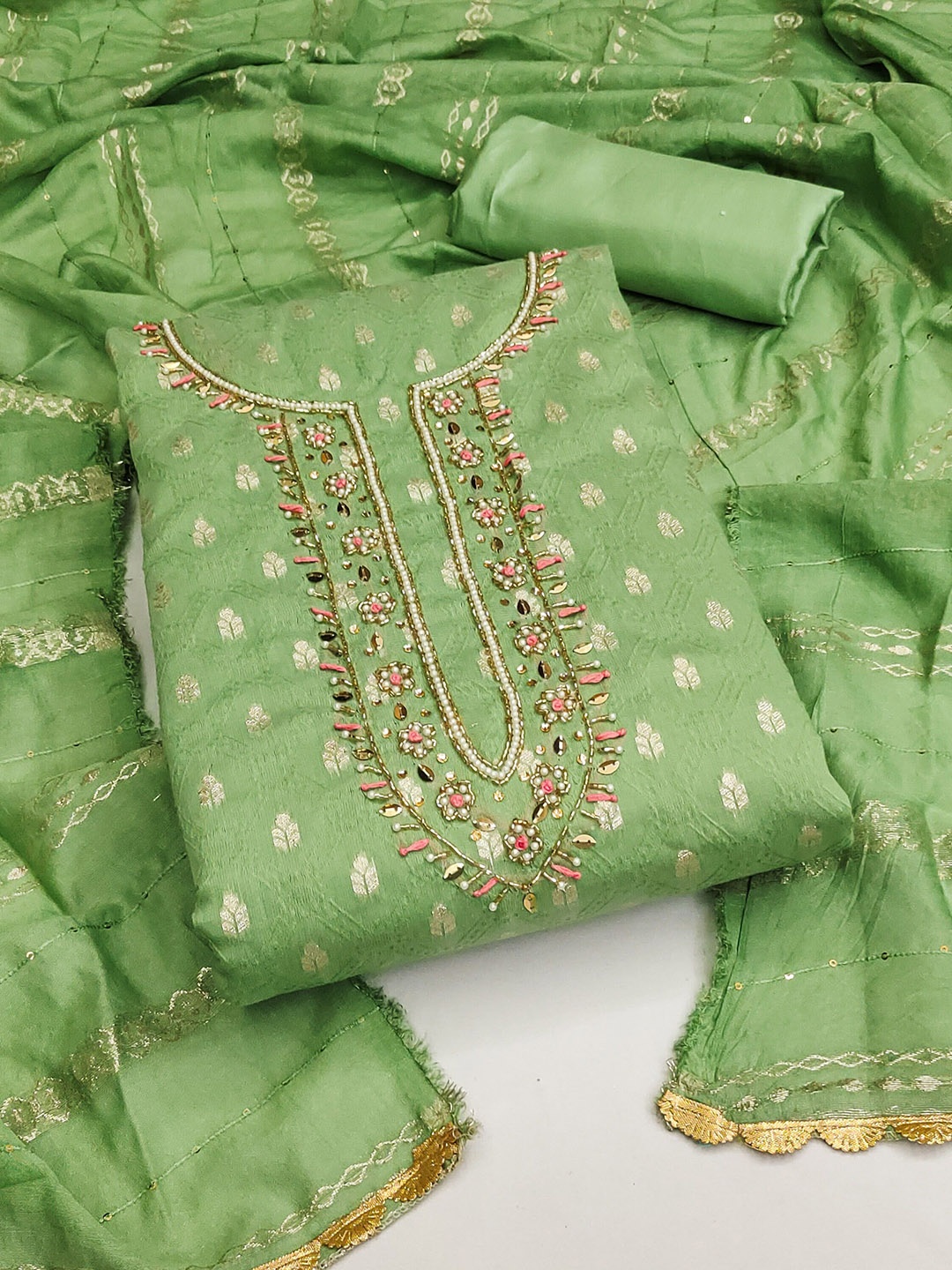 

Maroosh Embellished Unstitched Dress Material, Green