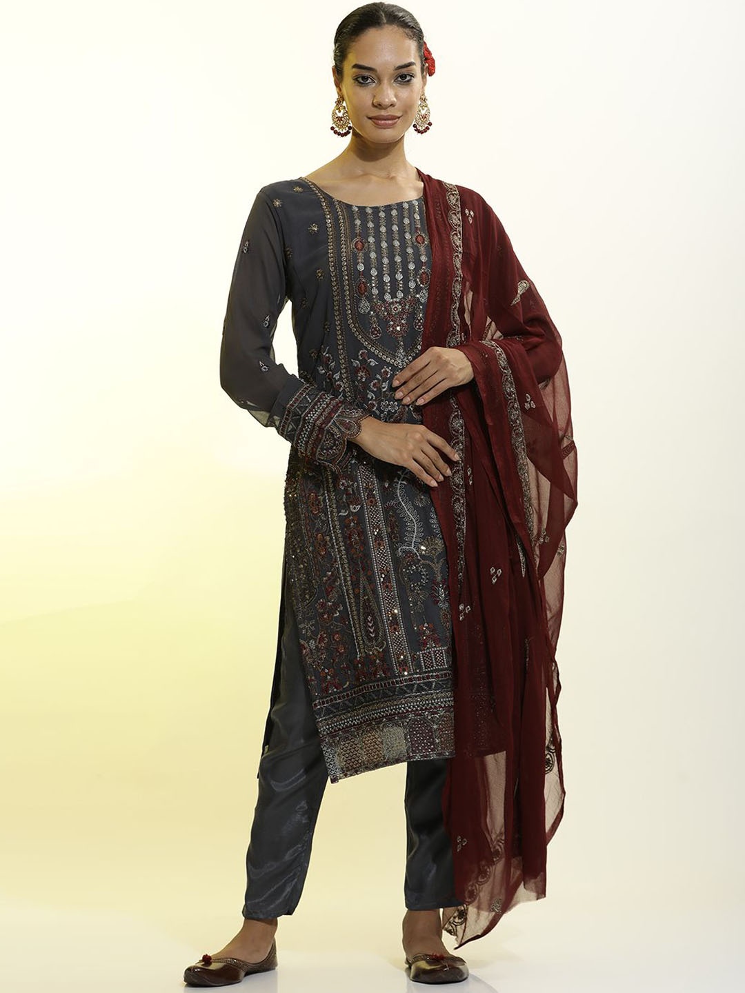 

Jaipur Kurti Festive Embroidered Georgette Kurta Set With Dupatta, Grey
