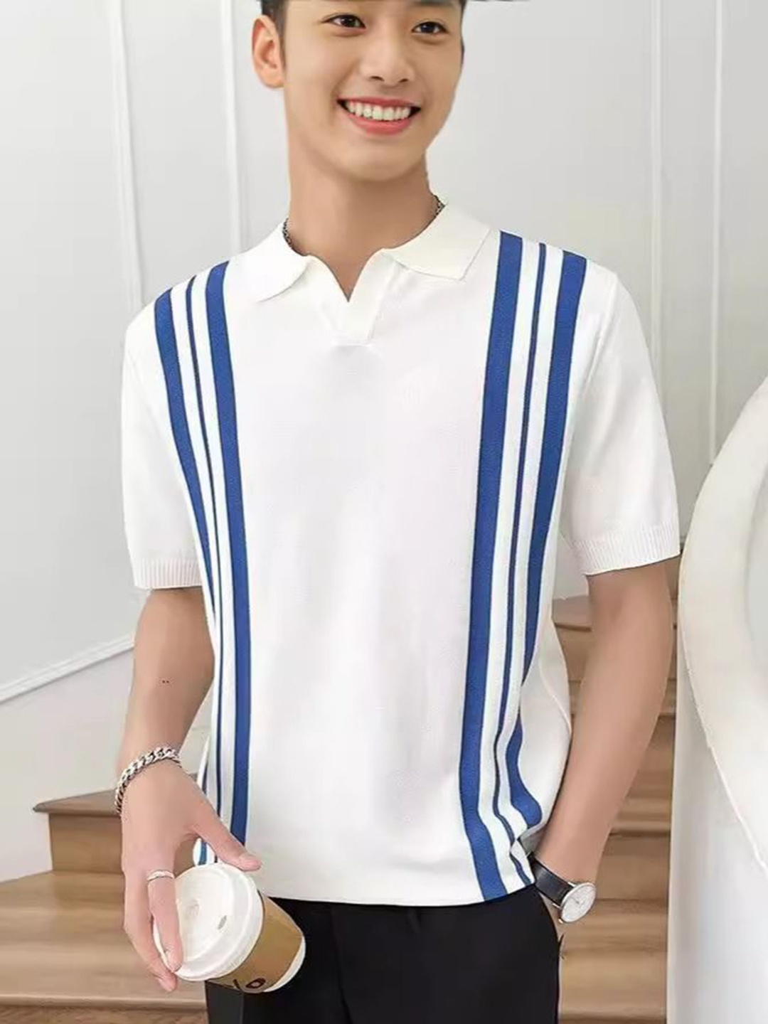 

StyleCast Men Striped Printed Polo Collar Slim Fit T-shirt, White