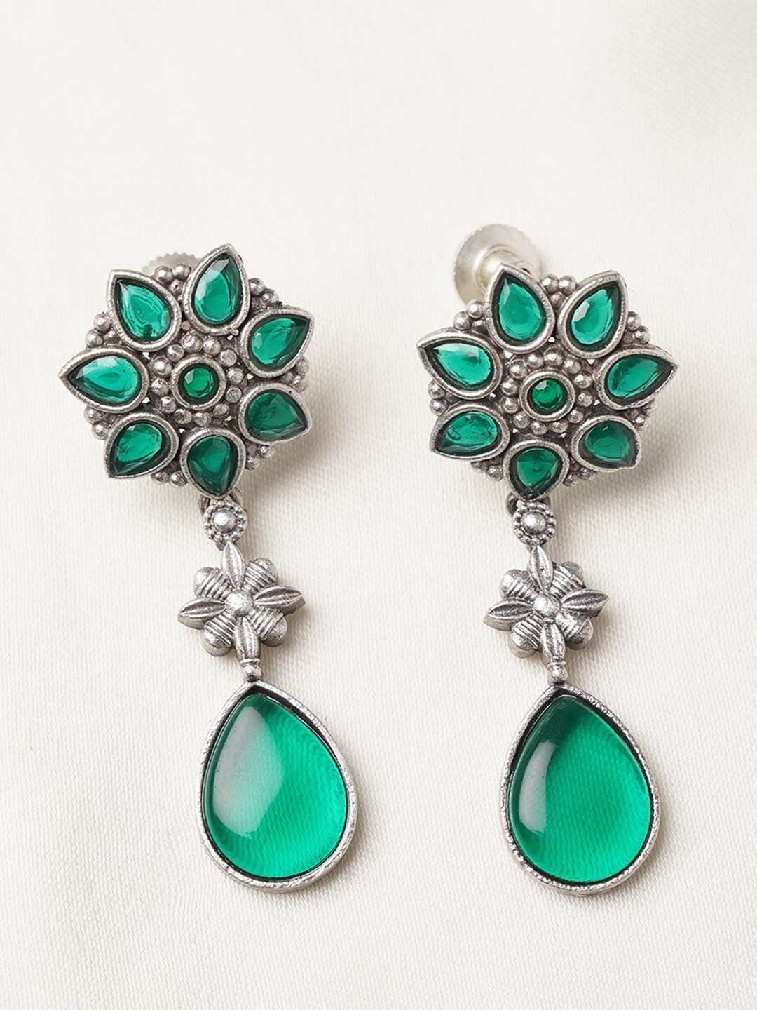 

JAYPORE Artificial Stones Studded Floral Drop Earrings, Silver