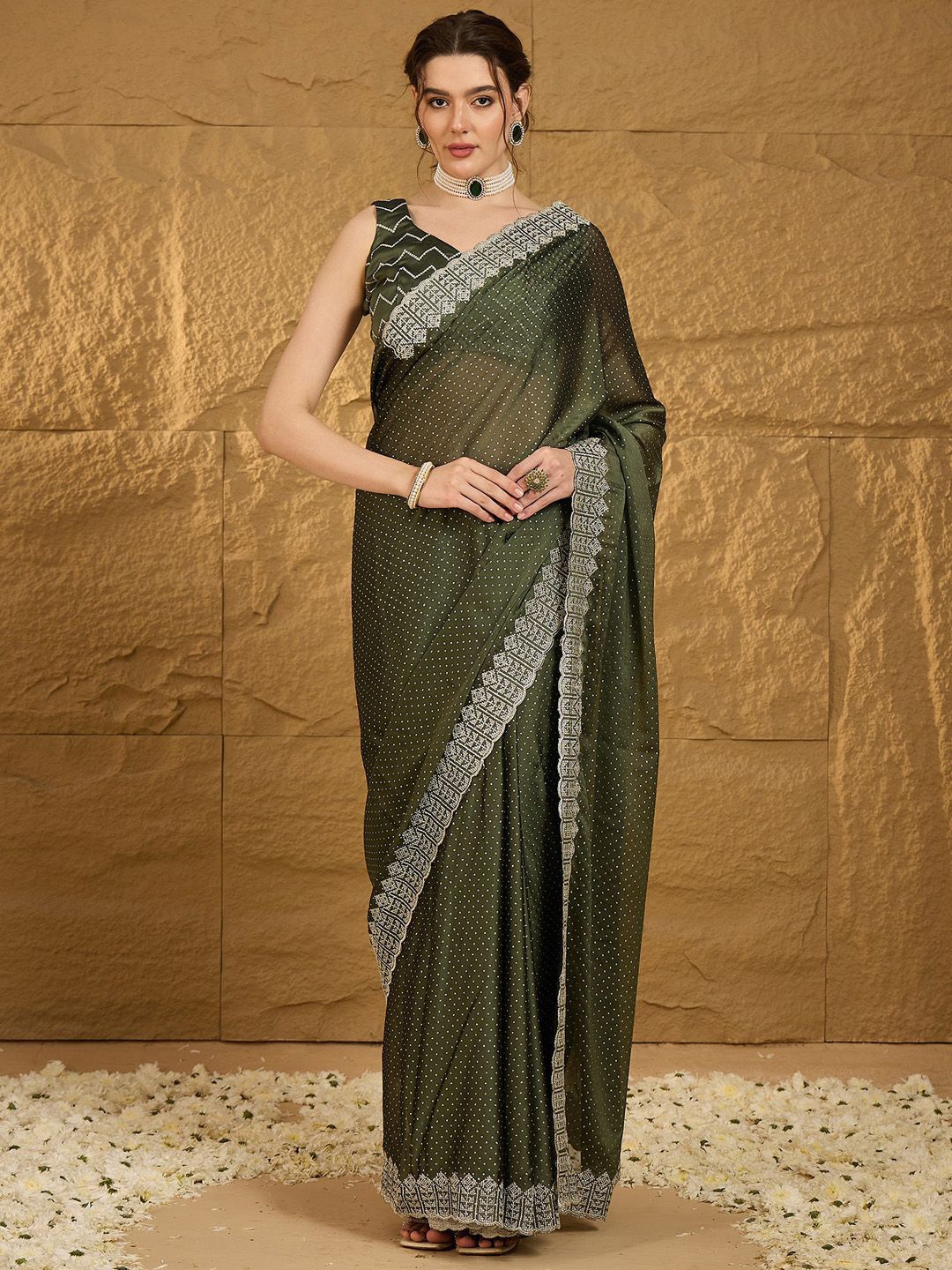 

Anouk Embellished Beads and Stones Saree, Olive