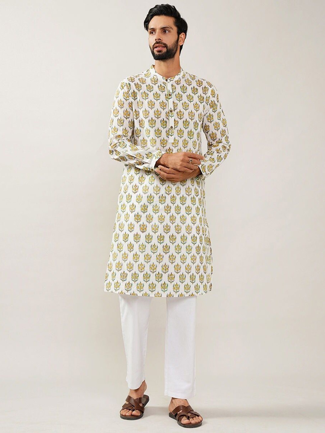 

JAYPORE Floral Printed Band Collar Long Sleeves Pure Cotton Kurta, White