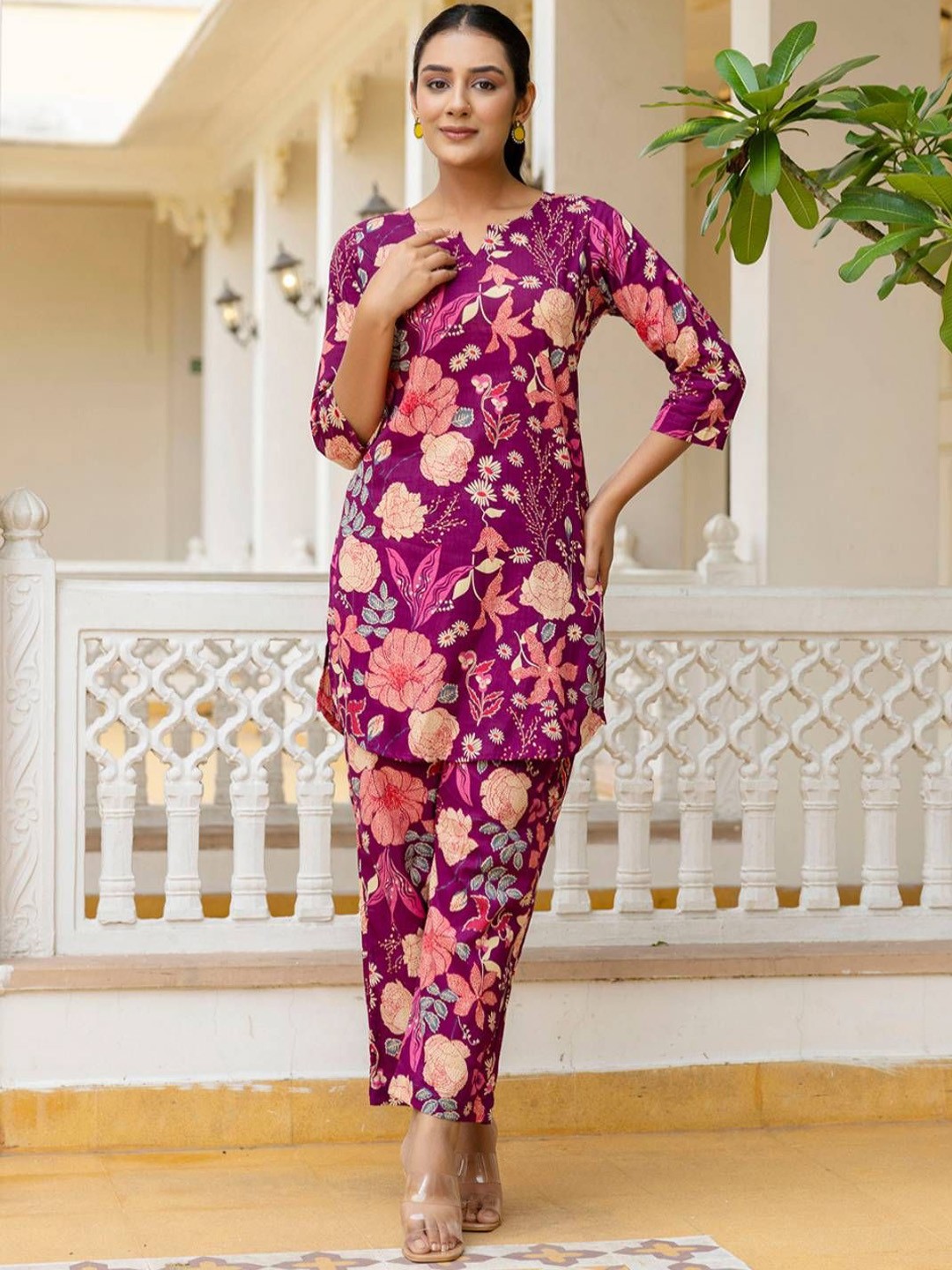 

FERANOID Printed Pure Cotton Tunic With Trousers Co-Ords, Purple