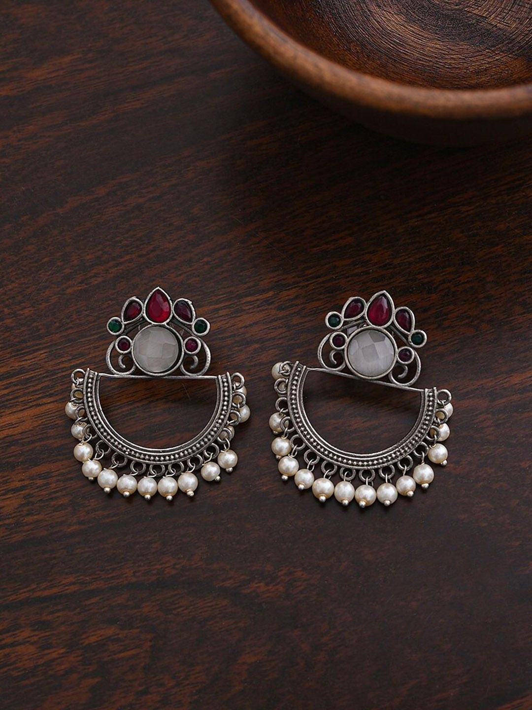 

JAYPORE Silver-Plated Oxidised Contemporary Drop Earrings