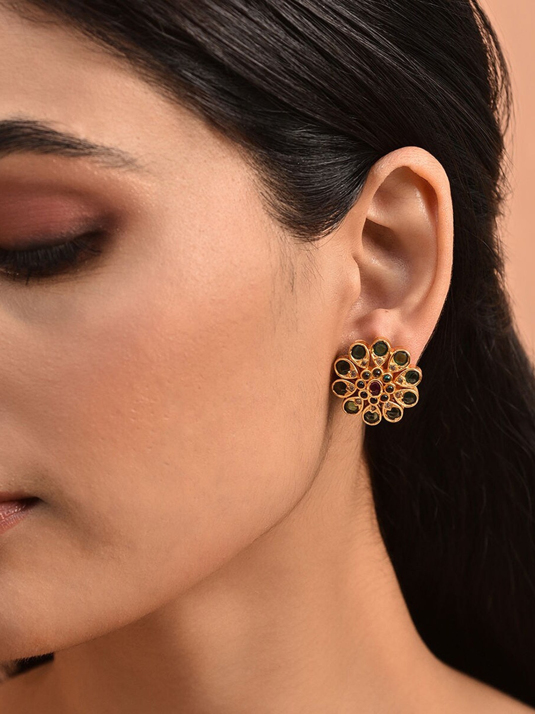 

JAYPORE Stone Studded Contemporary Studs Earrings, Gold