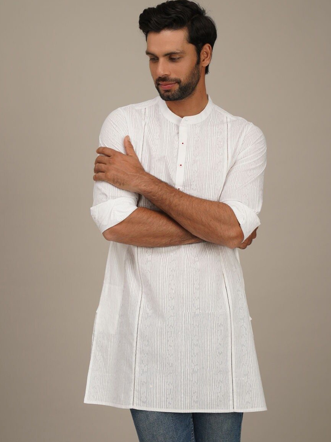

JAYPORE Mandarin Collar Pure Cotton Straight Kurta, White