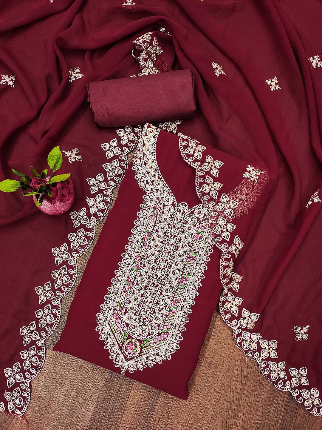 

Maroosh Ethnic Motifs Embroidered Sequinned Silk Georgette Unstitched Dress Material, Maroon