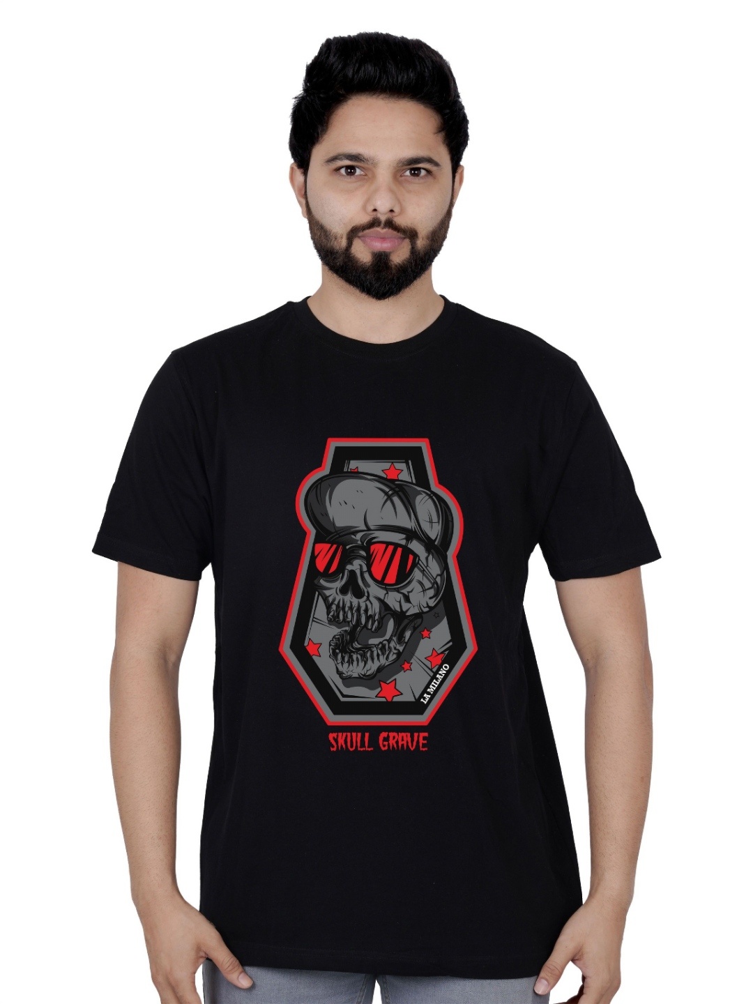 

LA MILANO Men Graphic Printed Round Neck Pure Cotton Slim Fit T-shirt, Black