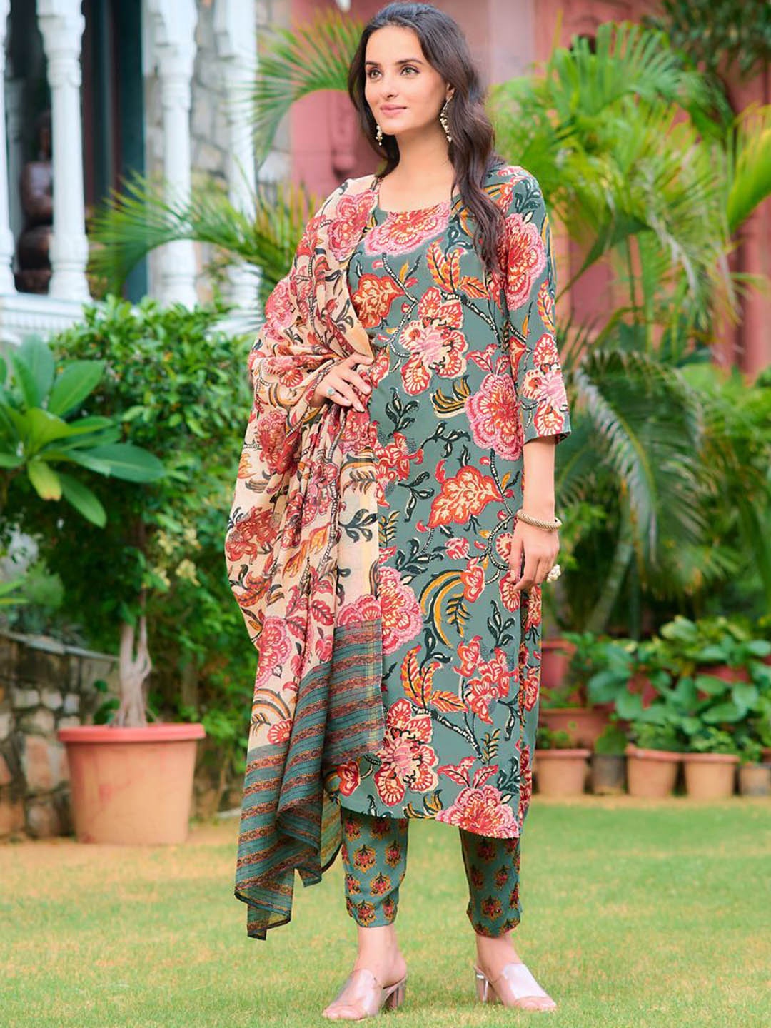 

KALINI Floral Printed Straight Kurta with Trousers & Dupatta, Green