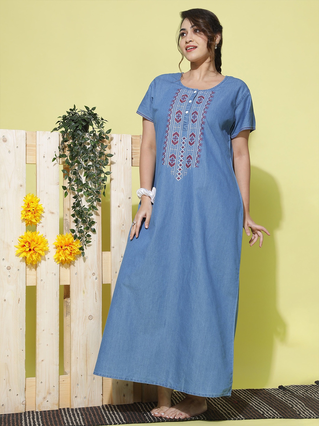 

9shines Label Embroidered Maxi Nightdress, Blue