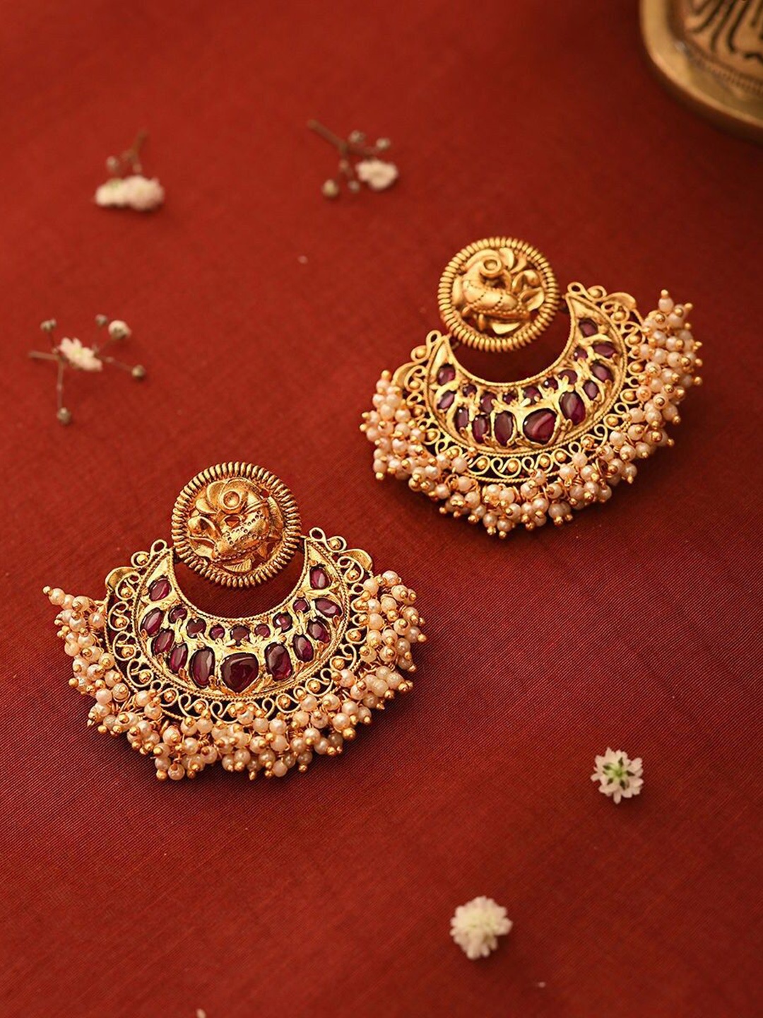 

JAYPORE Stone Studded & Beaded Contemporary Chandbalis, Gold