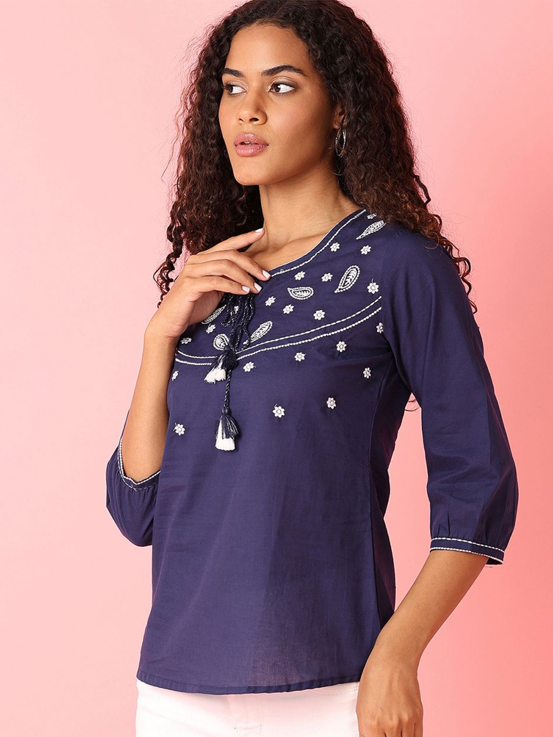 

V-Mart Embroidered Cotton Top, Blue