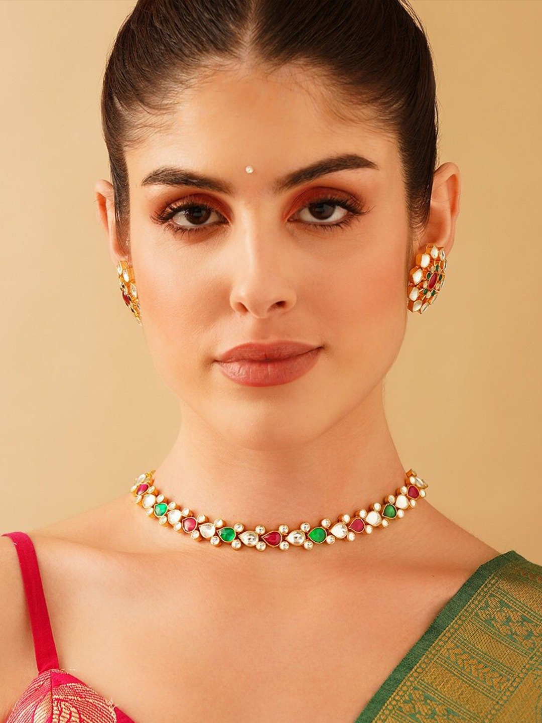 

JAYPORE Gold-Plated Brass Artificial Stones & Beads Studded Jewellery Set