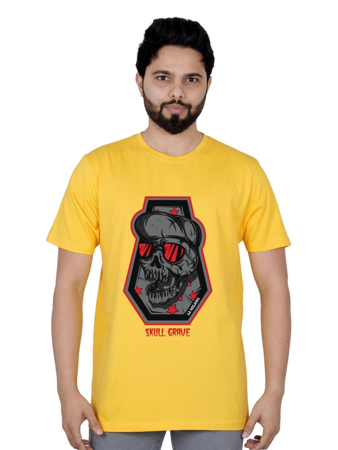 

LA MILANO Men Graphic Printed Round Neck Pure Cotton Slim Fit T-shirt, Yellow