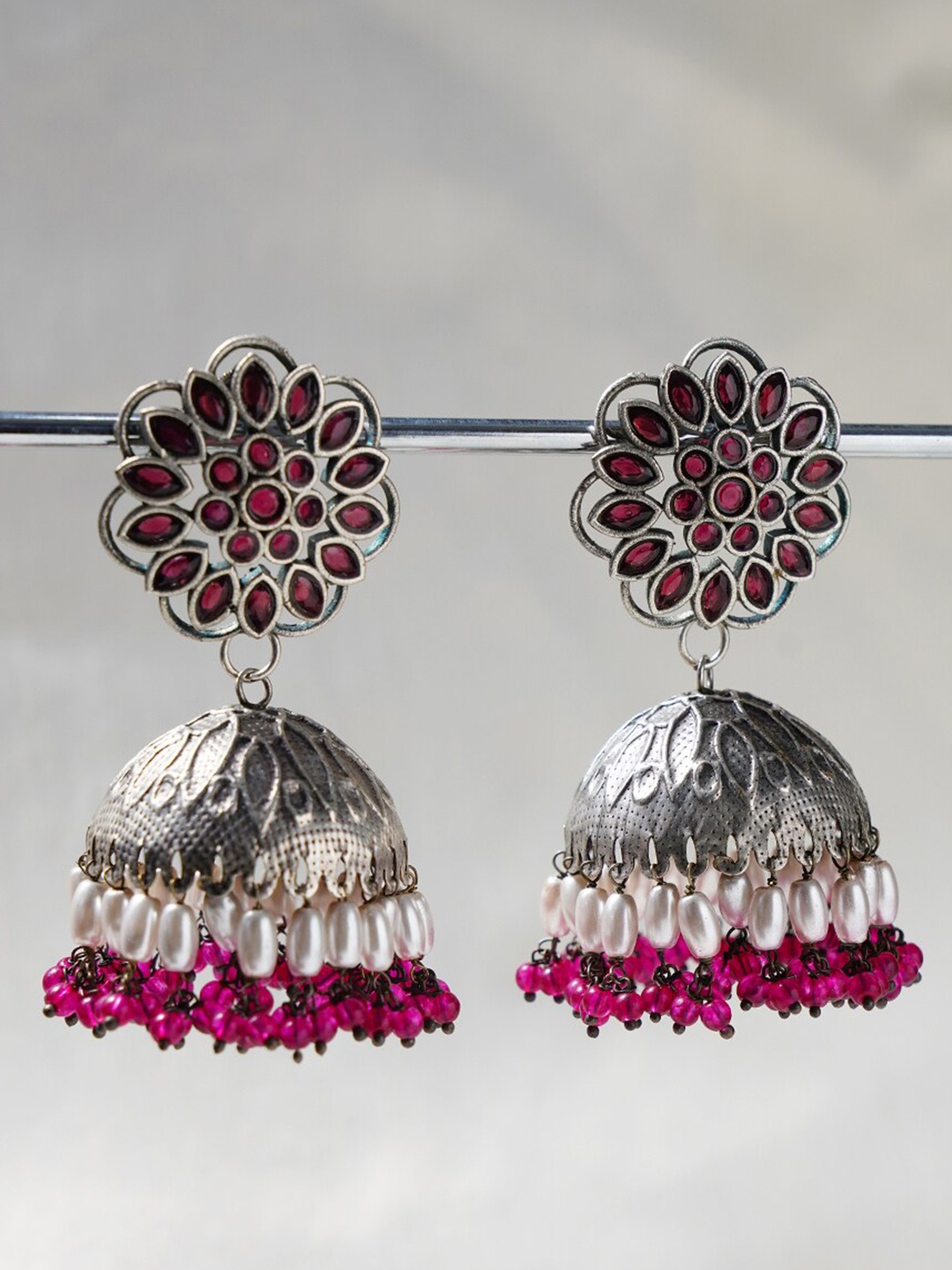 

JAYPORE Silver-Plated Stone Studded Contemporary Jhumkas