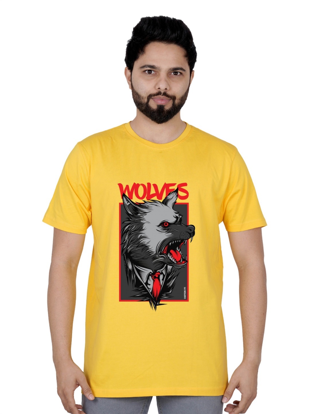 

LA MILANO Men Graphic Printed Round Neck Pure Cotton Slim Fit T-shirt, Yellow