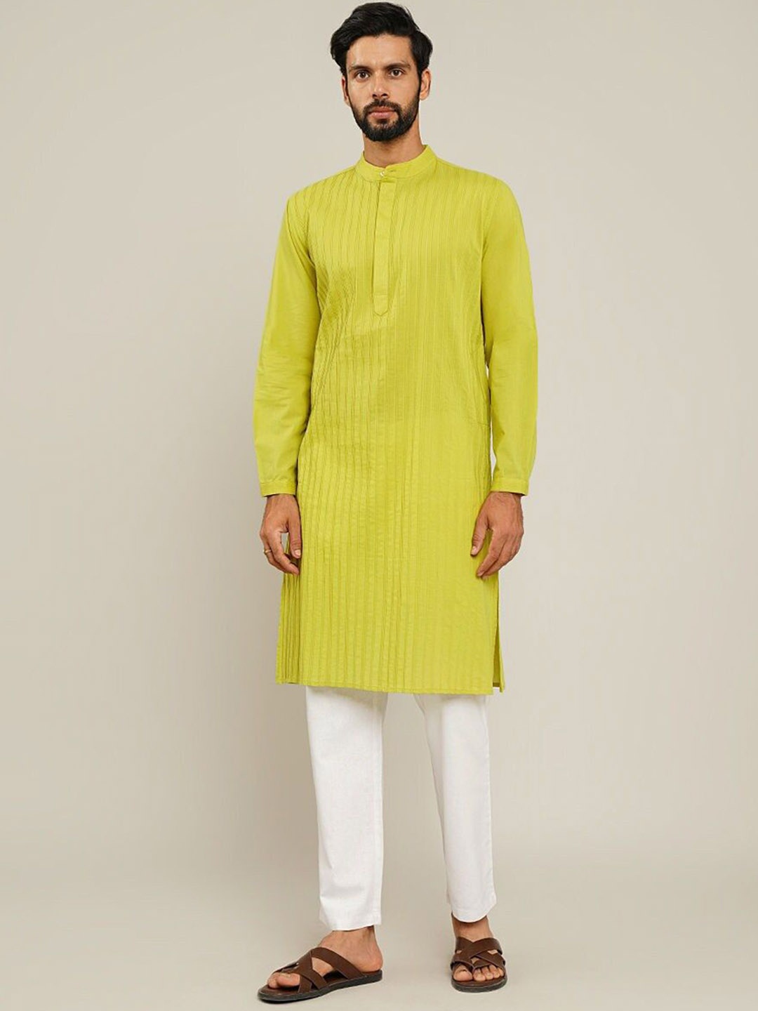 

JAYPORE Striped Printed Band Collar Straight Cotton Kurta, Lime green