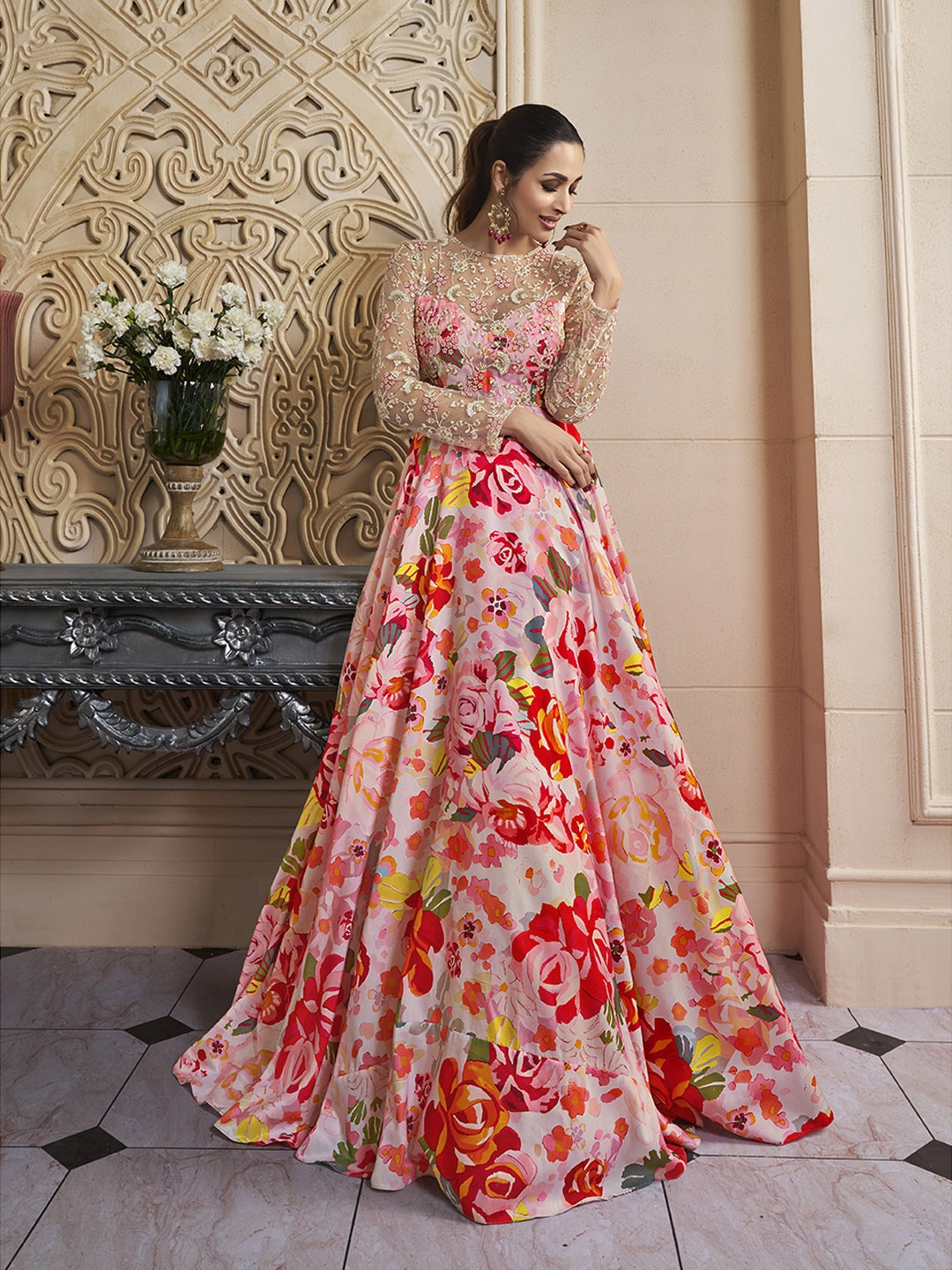 

Inddus Women Floral Printed A-Line Cotton Maxi Ethnic Dresses, Pink