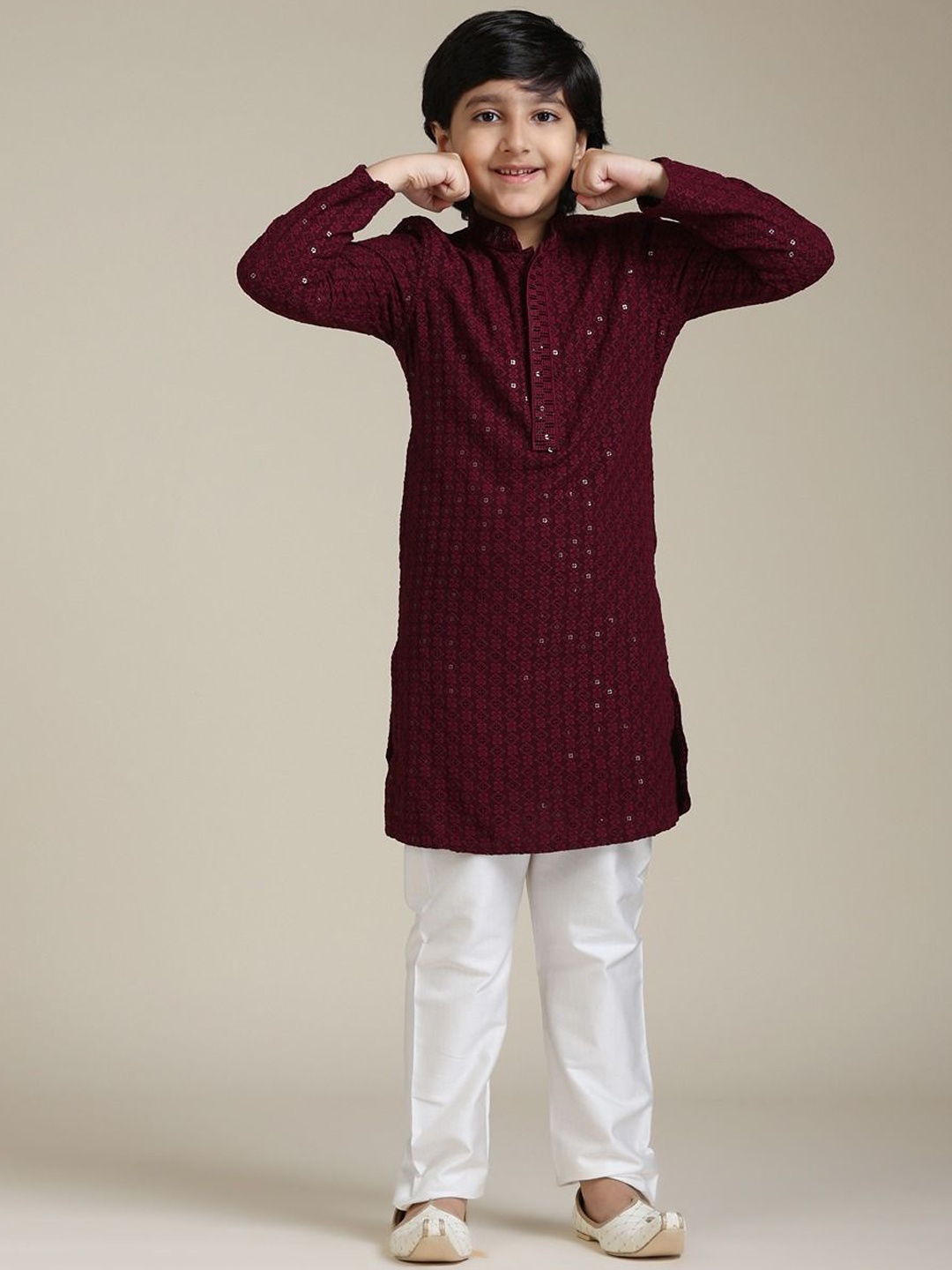 

Manyavar Boys Geometric Embroidered Regular Chikankari Straight Kurta with Pyjamas, Maroon