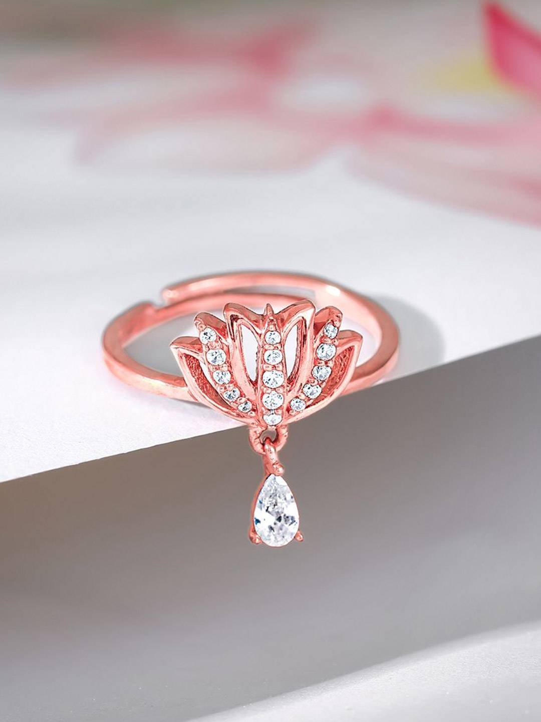 

GIVA 925 Sterling Silver Rose Gold-Plated CZ Studded Sushma Thamarai Finger Ring