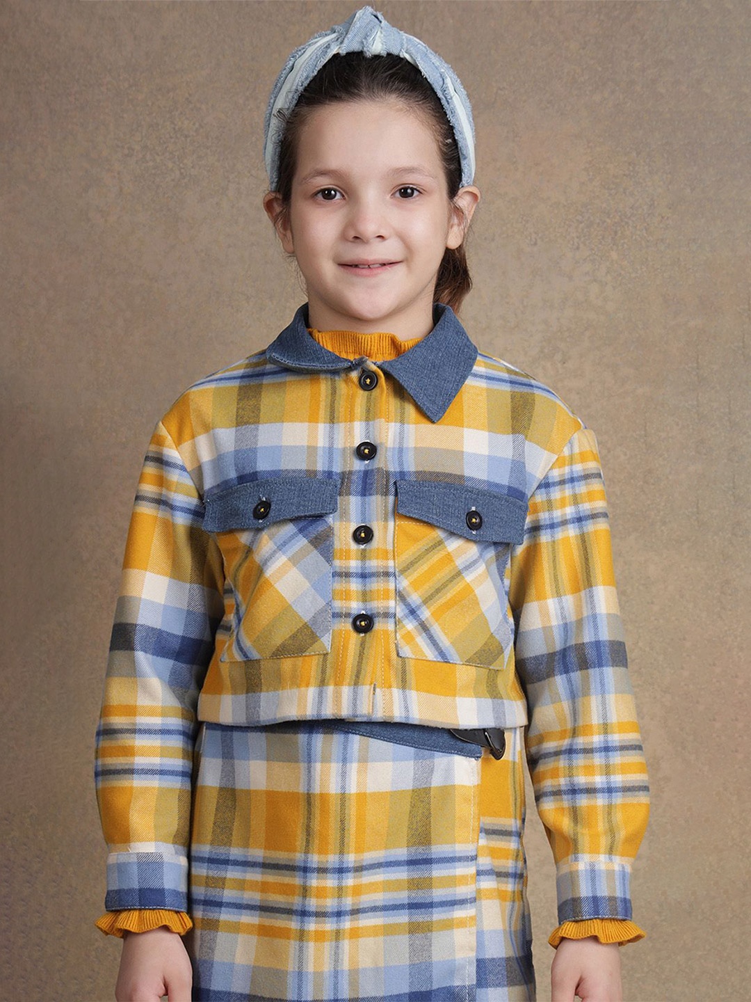 

One Friday Girls Spread Collar Checked Casual Tailored Jacket, Yellow