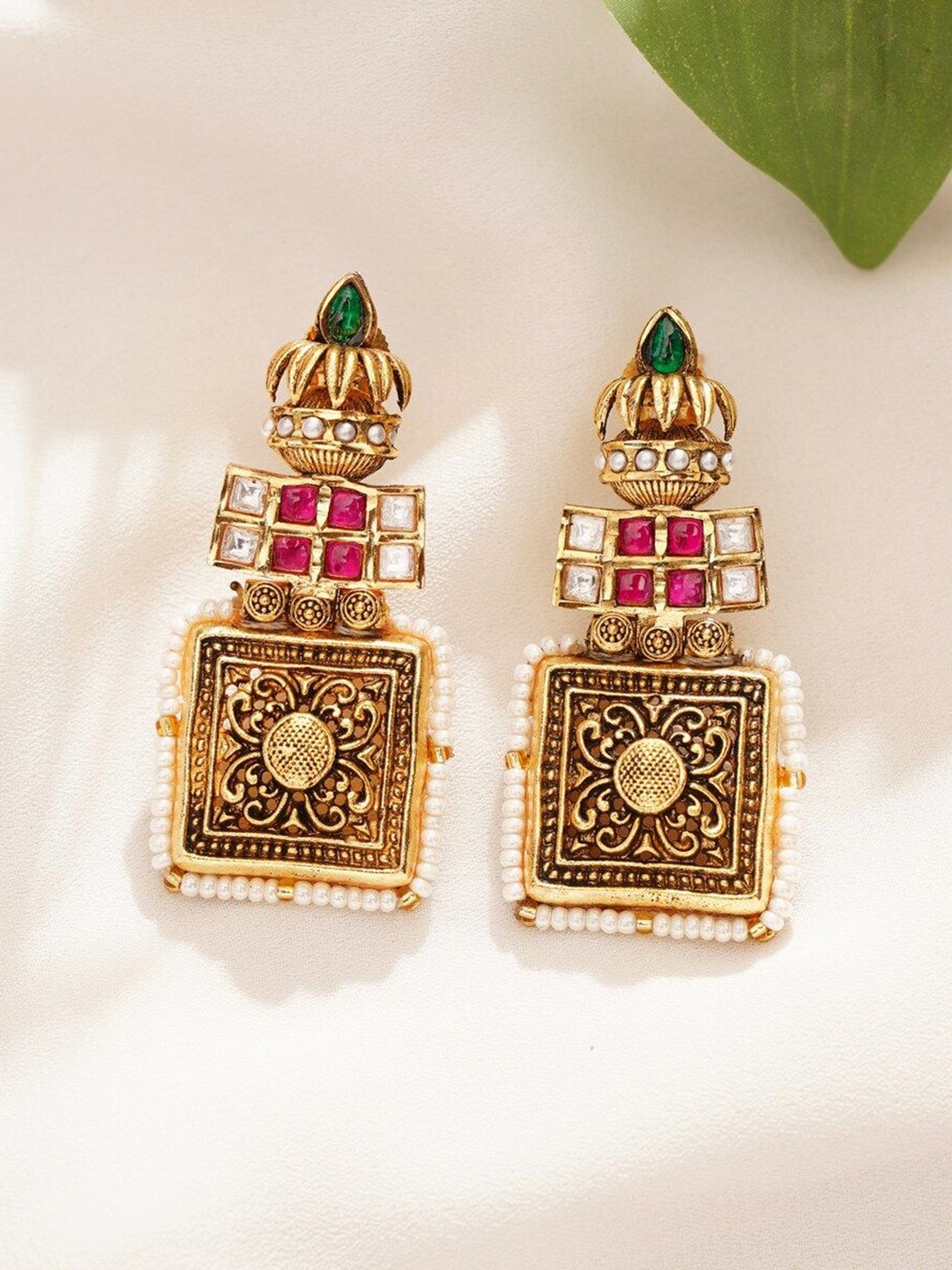

JAYPORE Stone Studded Contemporary Drop Earrings, Gold