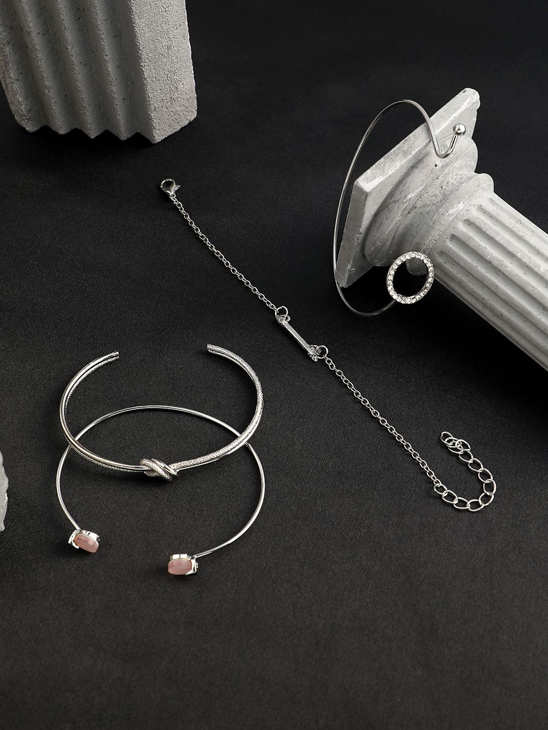 

SOHI Set Of 4 Silver-Plated Stone Studded Cuff Bracelets