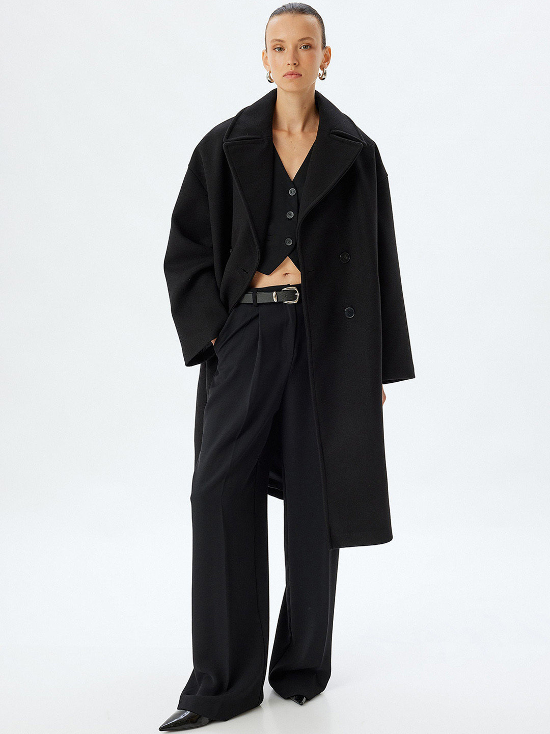 

Koton Women Double-Breasted Overcoat, Black