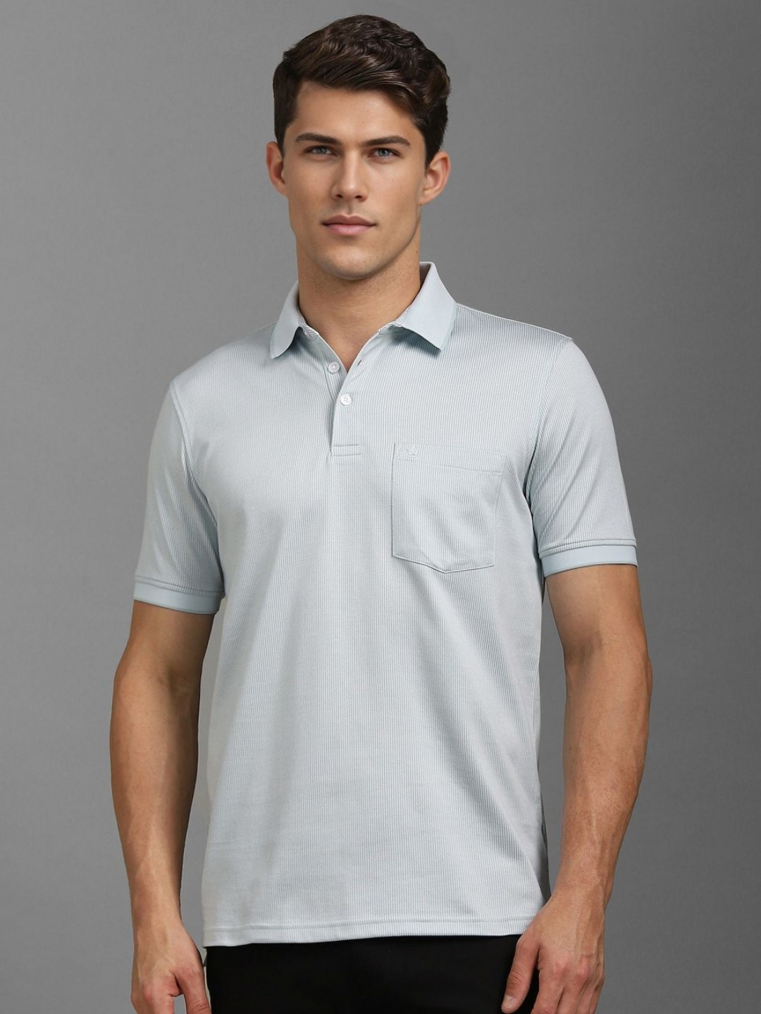 

Louis Philippe Men Self Design Polo Collar Cotton T-shirt, Grey