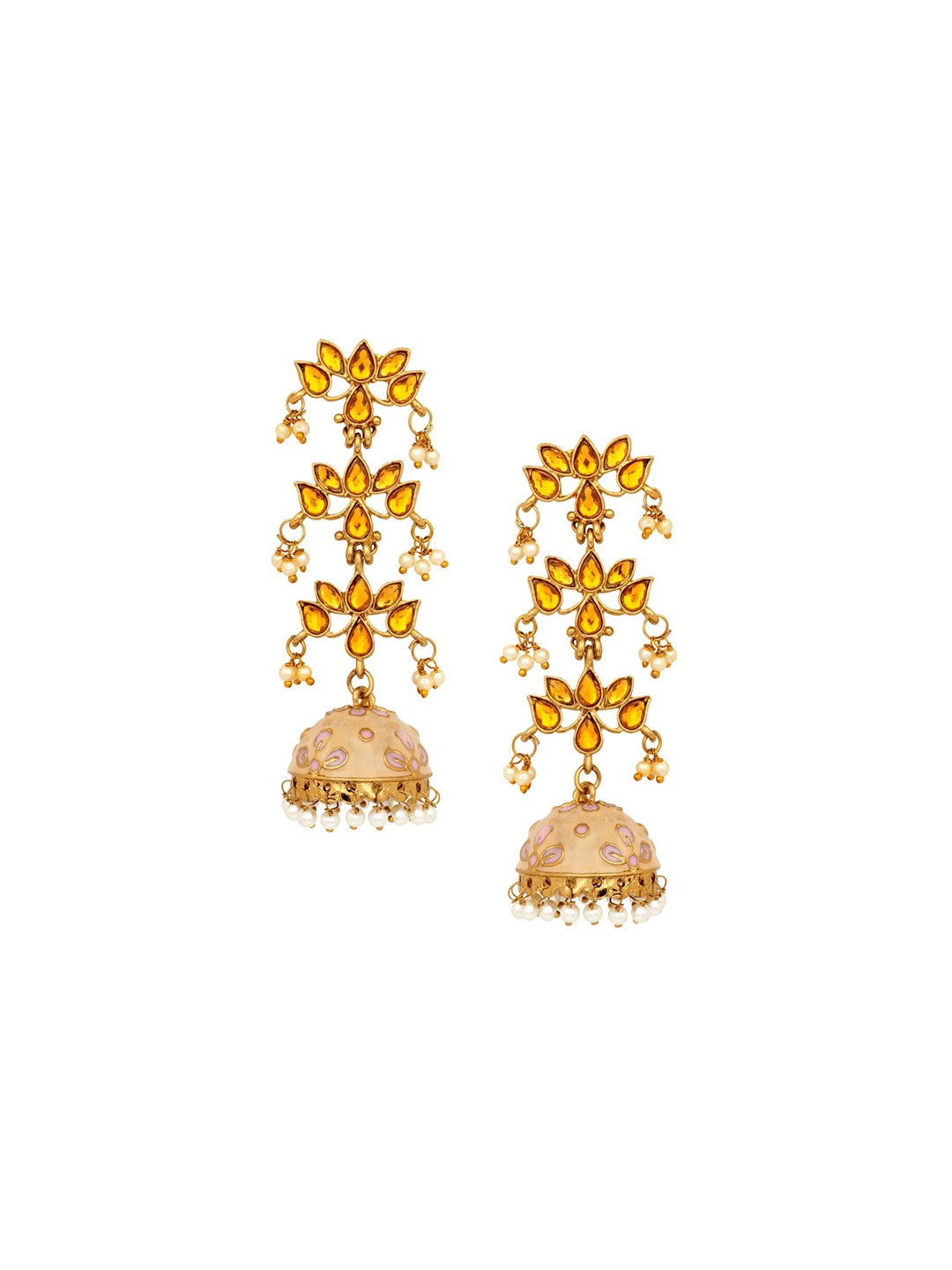 

Stefan Gold-Plated Stone Studded & Beaded Dome Shaped Meenakari Jhumkas